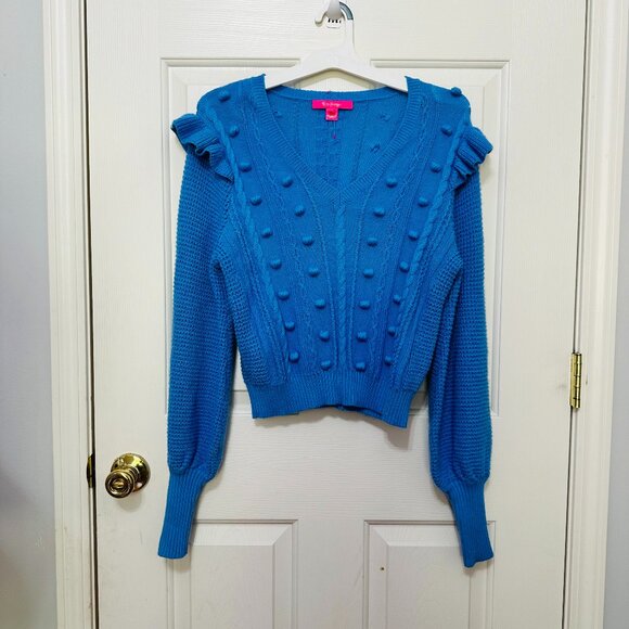 NWOT LILLY PULITZER GRETA CABLE KNIT POM POM RUFFLE BLUE SWEATER - Picture 2 of 6